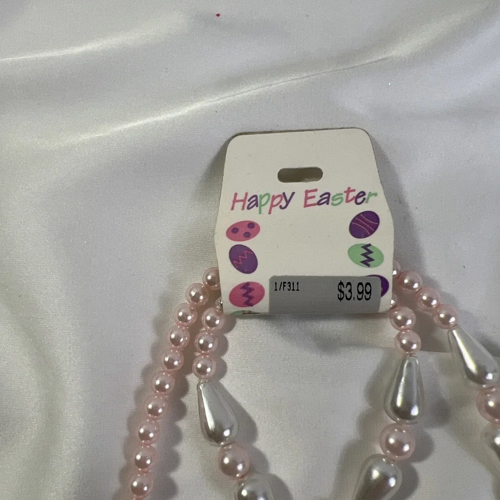 Vintage Happy Easter Girls Pink‎ Pearl Necklace With Bracelet New